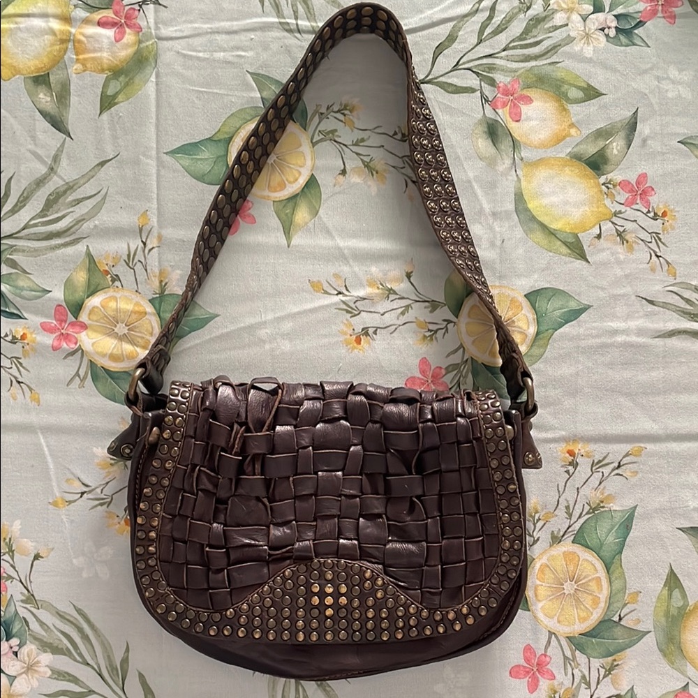 Frye Brown Leather Shoulder Bag with Woven Texture